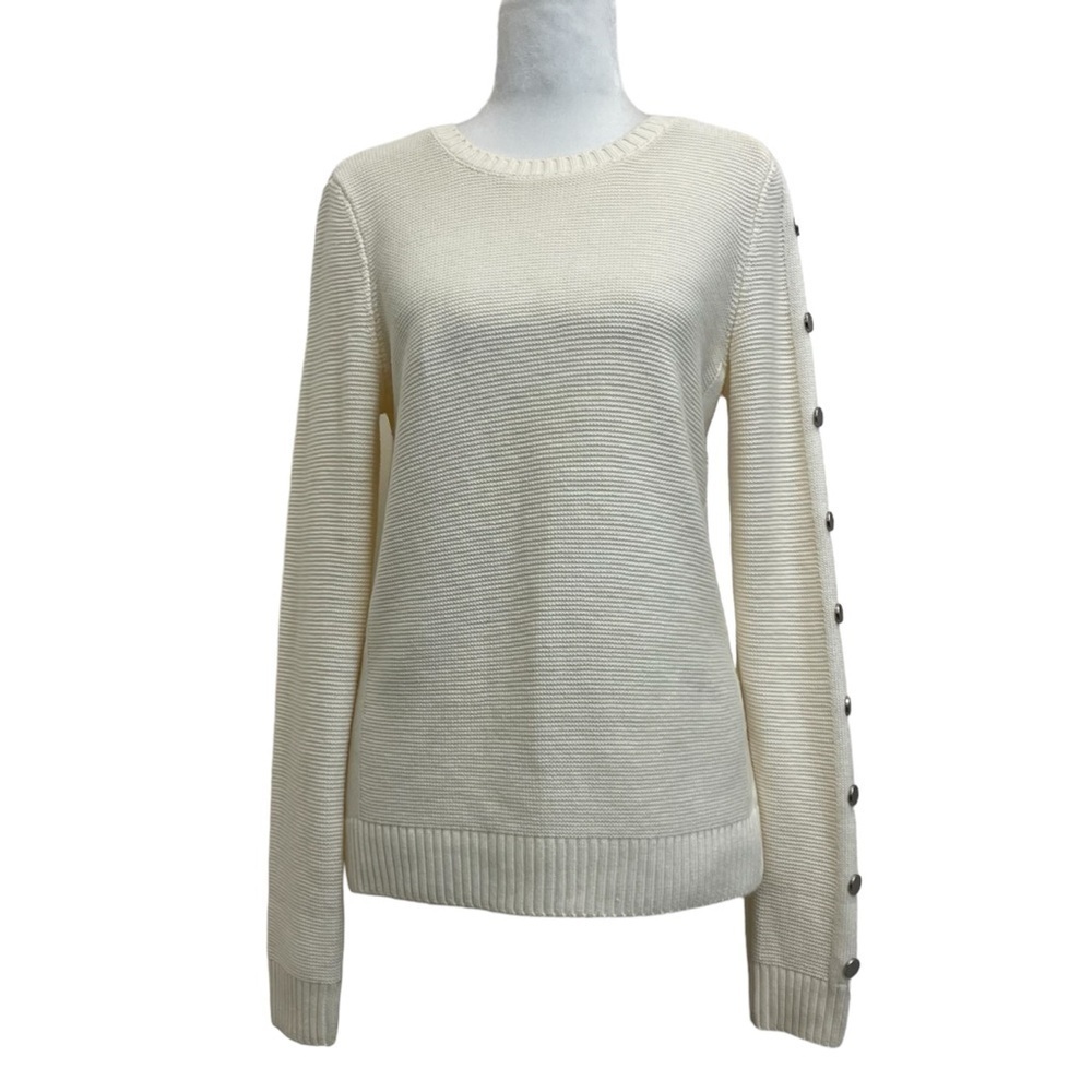 Maison Jules Cream Waffle Knit Metal Button Sleeve Sweater